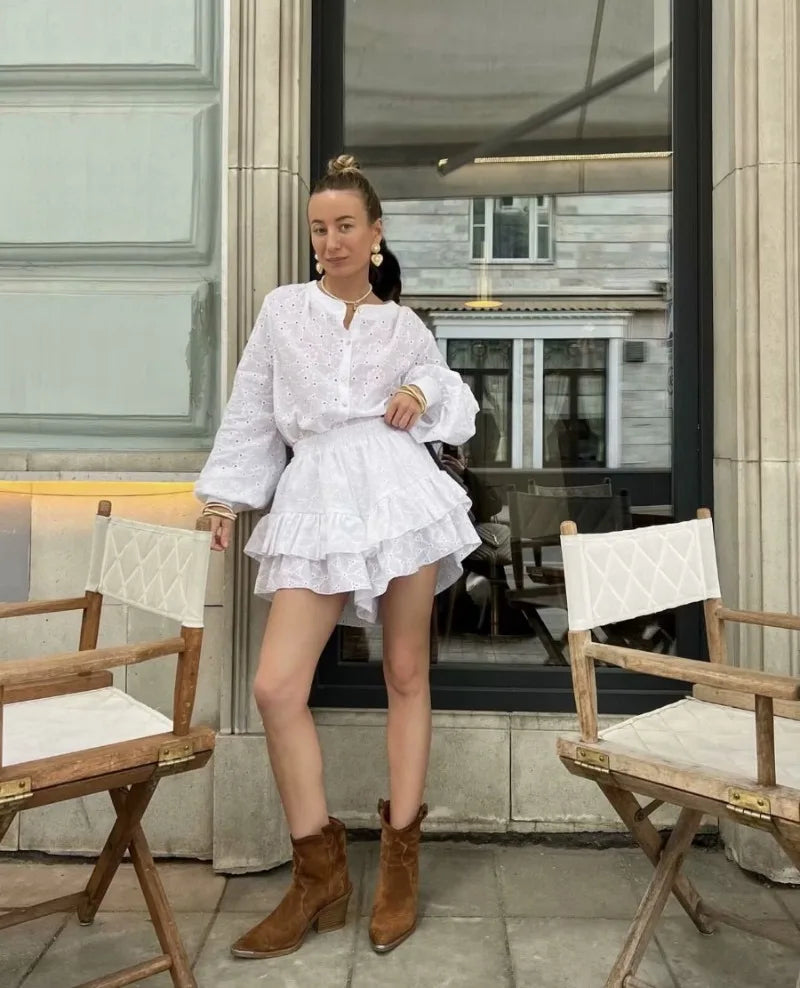 Aiertu  -  White Eyelet Cotton Dress Women Long Sleeve Buttons down Elastic Waist Ruffled Summer Dress Chic Girl Mini Dress Holiday Dresses Aiertu