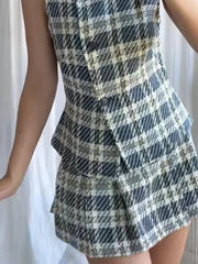 Aiertu  -  Sweet Plaid Sleeveless Mini Dress Set Women Two Piece Set Single Breasted Waist Slim A-line Dresses Casual Chic Female Outfit Aiertu