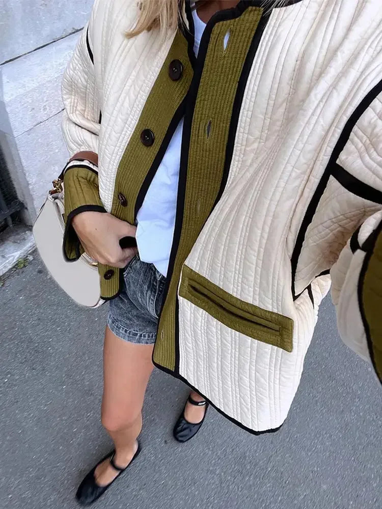 Aiertu  -  Fashion Contrast Cotton Jacket Coat Women Single Breasted Splice Quilted Thermal Jacket Pocket Autumn Lady Casual Outwear Aiertu