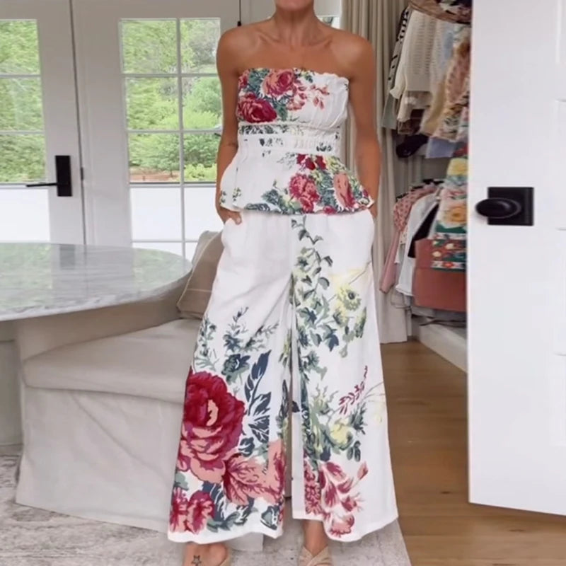 Aiertu  -  Women Sexy Strapless Top & Straight Pants Suit Summer Pattern Printed Backless Beach Set Fashion Backless Ruffle Holiday Outfit Aiertu