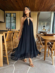 Aiertu  -  New Sexy Women Black Dresses Tassel Sleeveless Naked Waist Halter Dress Summer Party Evening Female Vestidos Aiertu