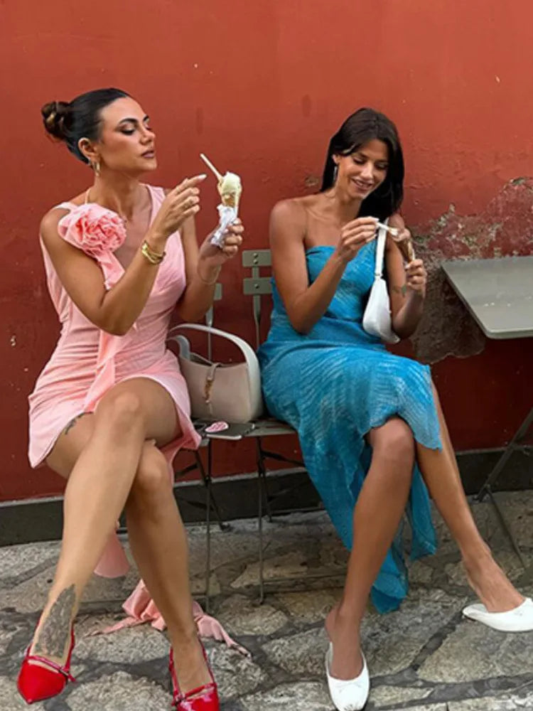 Aiertu  -  Summer New Mesh Shirring One Shoulder Backless Beach Dress Women Sexy Sash Neck Lace-up Midi Dress Female Holiday Party Dress Aiertu