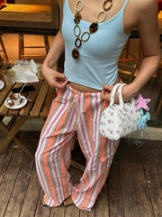 Aiertu  Holiday Striped Women Cargo Pants Flap Pockets Drawstring Waist Casual Cotton Linen Parachute Pants Vintage Workwear Aiertu