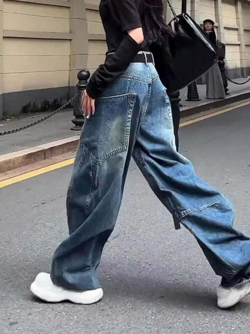 Aiertu  -  American Niche Y2K Fashion Blue Pocket Cargo Pants Women Autumn Winter Street Loose Casual Harajuku High Waist Wide Leg Jeans Aiertu