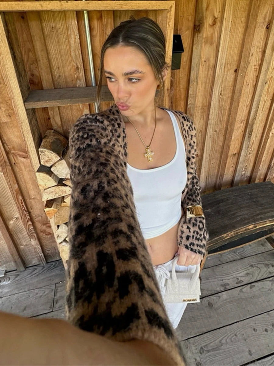 Aiertu  -   Leopard Soft Sweater Cardigan Women V Neck Single Breasted Knitted Outerwear Autumn New Streetwear Vintage Long Sleeve Jumper Aiertu