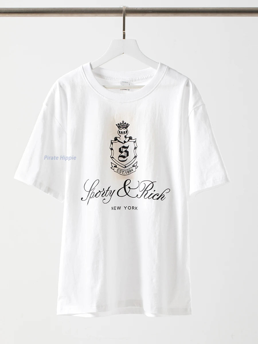 Aiertu  -   Sporty Letter Print T-shirt Women Round Neck Cotton Cozy Casual Short Sleeve Tees 2026 Summer New Classic Fashion T-shirts Aiertu
