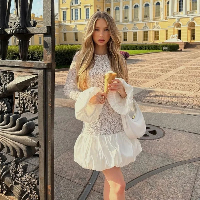 Aiertu  -  Women's Long Sleeve See-Through Lace Cake Dress Fashion Patchwork Folds Mini Dress Sexy Slim Hot Girl Club Party Clothing Aiertu