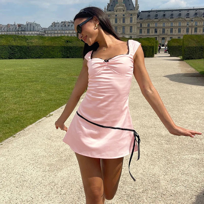 Aiertu  -  Patchwork Satin Sexy Square Collar Lace Women Dress Spaghetti Strap Mini Dress Female Spring Slim Elegant Party Clubwear Aiertu