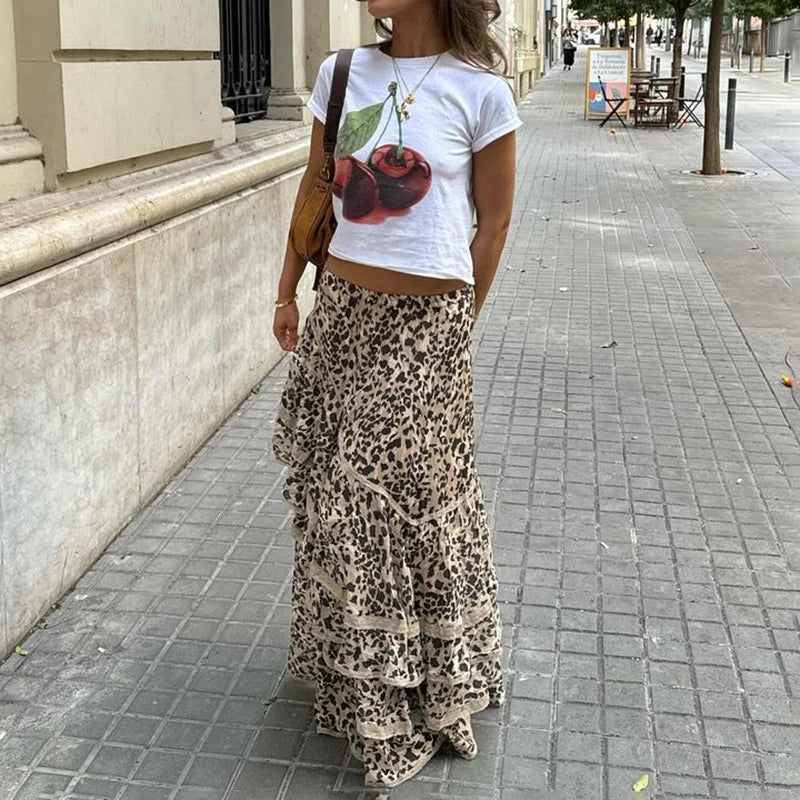 Aiertu  -  Summer New Leopard Printed Maxi Skirt Women's Ruffled Patchwork Fashion Loose High Waist Bandage Female Club Party Skirt Aiertu