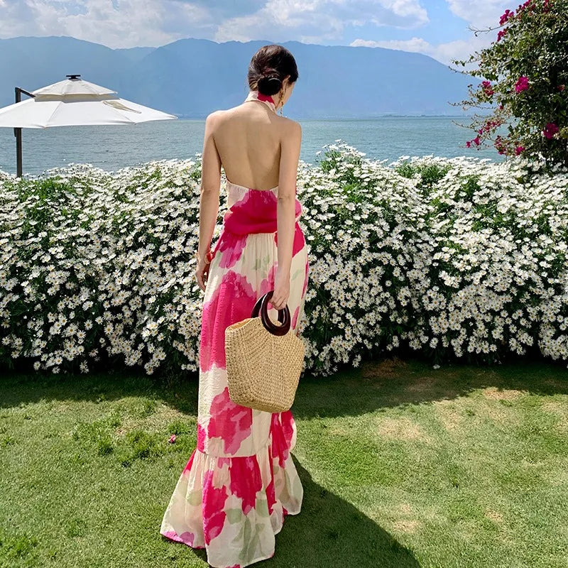 Aiertu  -  Rose Red Halter Neck Backless Long Dress for Women's Summer Seaside Vacation Style Colorful Printed A-line Dress Female Clothes Aiertu