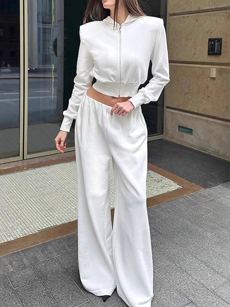 Aiertu  -  Casual 2 Pieces Suit Women Full Sleeves Zippers Crop Hoodies High Waist Wide Leg Lengthen Pants Female Set 2025 Spring Lady Sets Aiertu