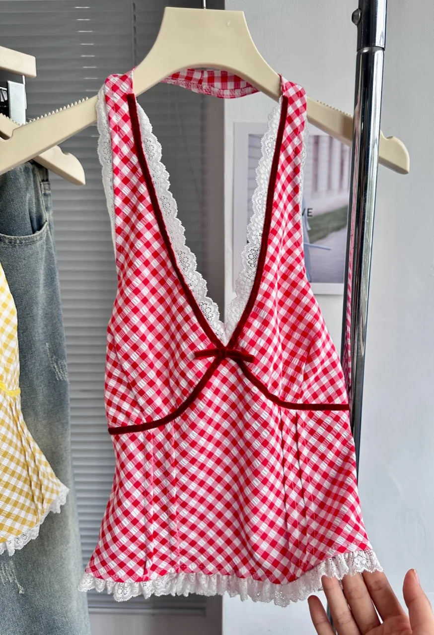 Aiertu  -  Red Plaid Halter Neck Tank Women's Summer Patchwork Lace Sexy Hot Girl Slim Fit Top Fashion Female Clothes Aiertu