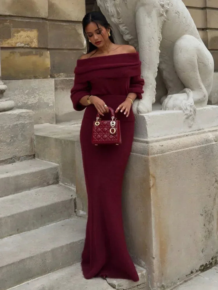 Aiertu  -  Women Off Shoulder Half Sleeves Maxi Dresses Elegant Dark Red Strapless Slim Knitted Long Dress New Sexy Lady Night Party Robes Aiertu