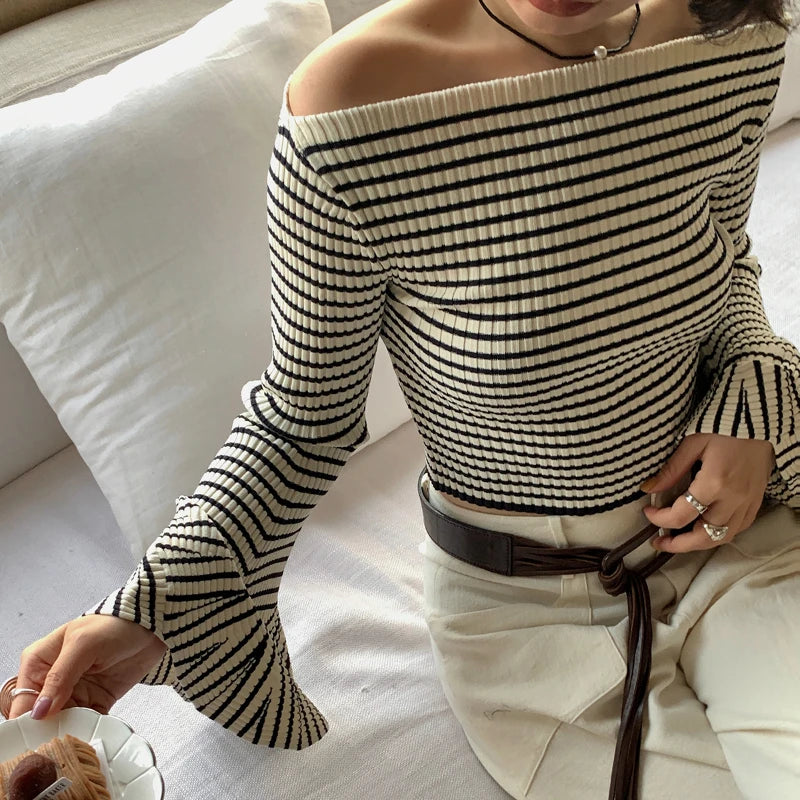 Aiertu  -  Women Classic Chic Striped Flare Sleeve Knit Top Frenchy Style Off Shoulder Oufit Fall Winter Knitwear Aiertu