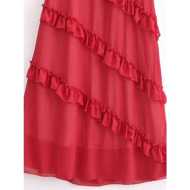 Aiertu  -  High Street Women Sexy Backless Red Halter Ruffle Dress Summer Elegant Party Long Dresses A-line Maxi Vestidos Aiertu
