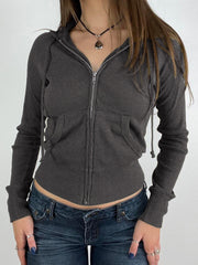 Aiertu - summer inspo Hot Gray Slim Zip Up Jackets Hoodies For Women Pockets Long Sleeve Ribbed Solid Simple Basic Casual Preppy Sweatshirts Aiertu