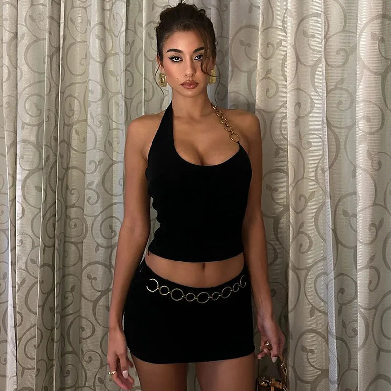 Aiertu  -   Fashion Hot Chain Halter Two Piece Sets Y2K E-Girl Club Outfits Co-ords Set Mini Skirt Festival Streetwear Clothes Aiertu