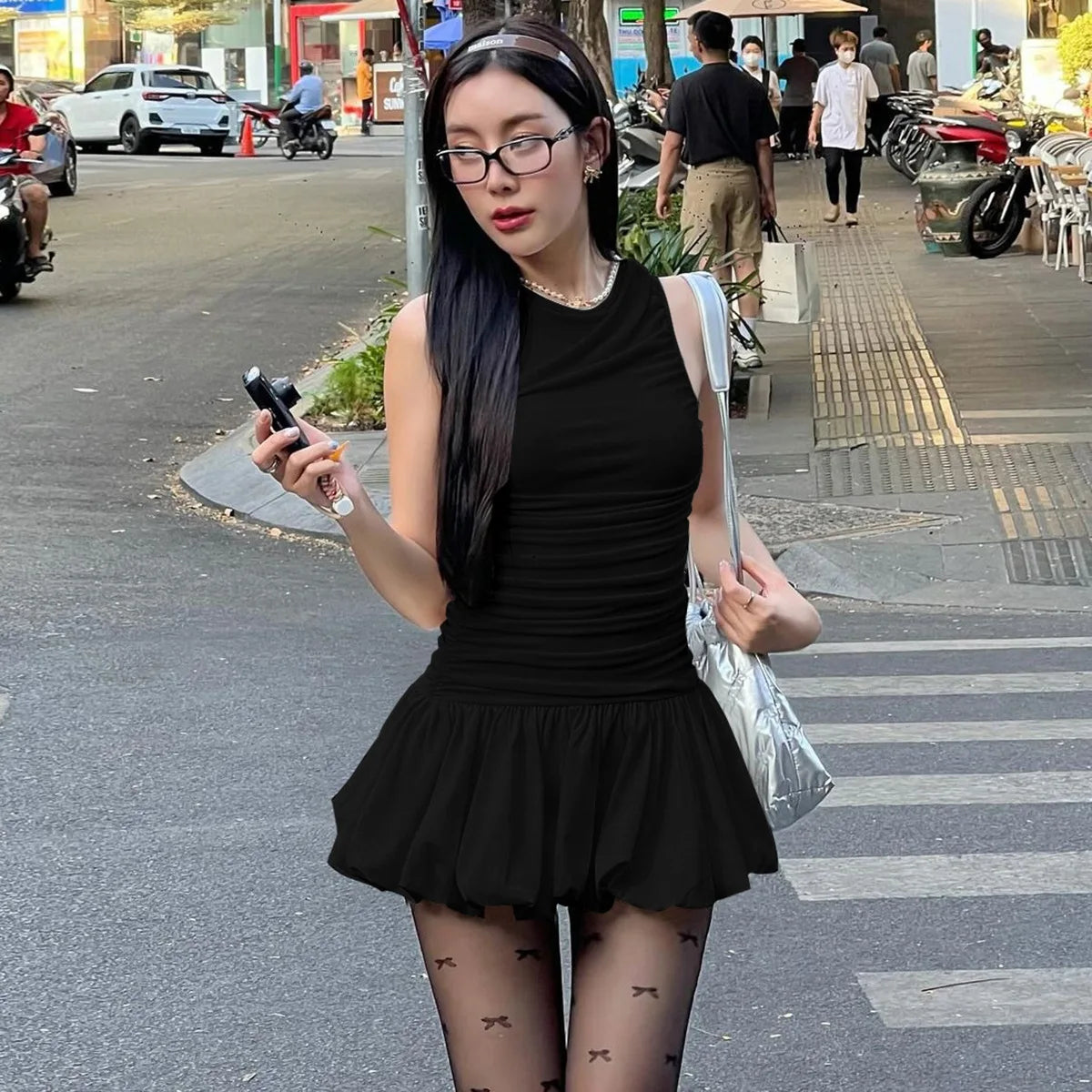 Aiertu  -  Fashion Sexy Folds Vest Dress For Women O Neck Sleeveless Slim Fit Mini Cake Dress High Waisted Splicing Solid Color New Aiertu