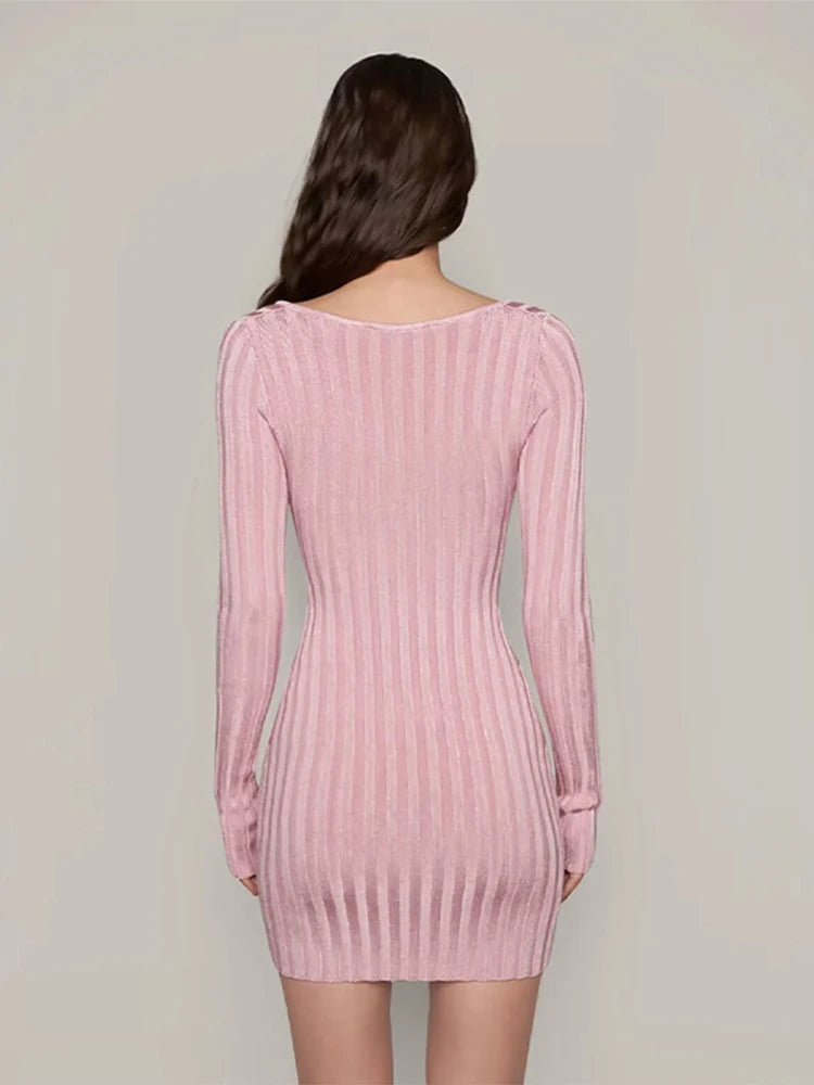 Aiertu  -  Knitted Square Collar Women Dresses Long Sleeve Hip Package Lady Dress 2026 Fashion Elegant Sexy High Waist Slim Lady Mini Robe Aiertu