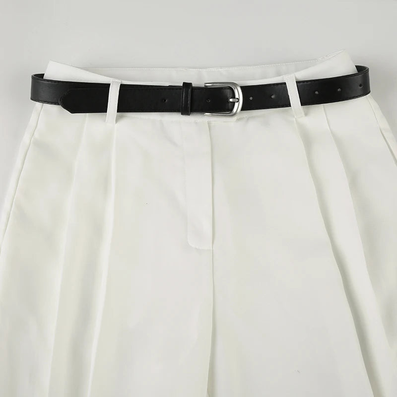 Aiertu  -  Casual White Loose Suit Pants with Belt Women Summer Street Style Baggy Straight Trouser Korean Fashion All-match Capris Aiertu