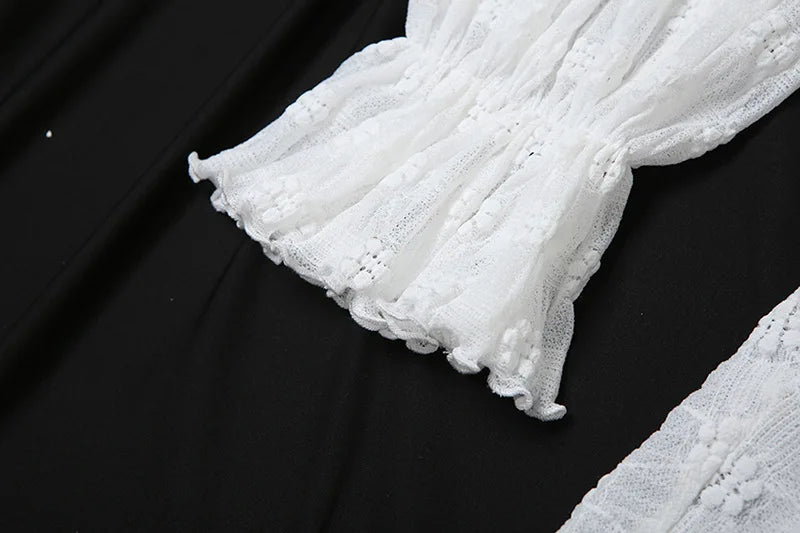 Aiertu  -  Bows Lace Stapless Dress For Women See Through Sexy Long Sleeve Mini Dress Splice Sweet Slim Pleated Dress High Waist Aiertu