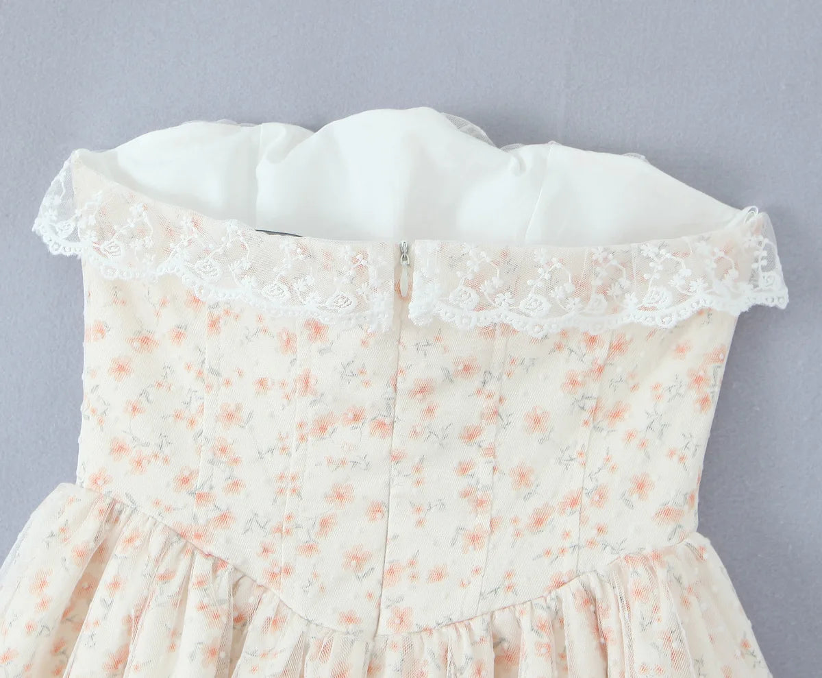 Aiertu  -  Pretty Girl Floral Print Mesh Strapless Mini Dresses Women Front Lace Up Bandage Birthday Party Dress French Bridesmaids Robe Aiertu