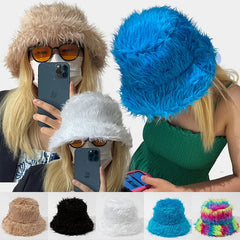 Aiertu  -  New Plush Faux Fur Bucket Hats For Women Men Outdoor Warm Panama Hat Female Adjustable Lady Luxury FNashion Party Fisherman Caps Aiertu