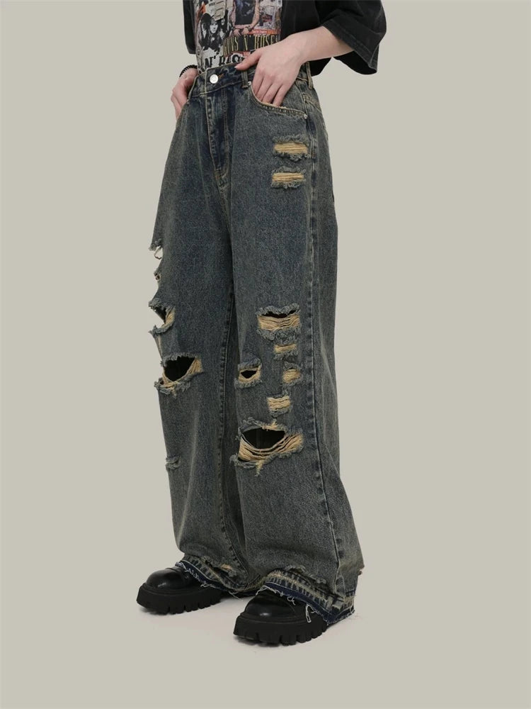 Aiertu  -  Women's Vintage Distressed Neutral Jeans Cool Girl High Waist Wide Legs Thin Pants Female Casual Straight Blue Denim Trousers Aiertu