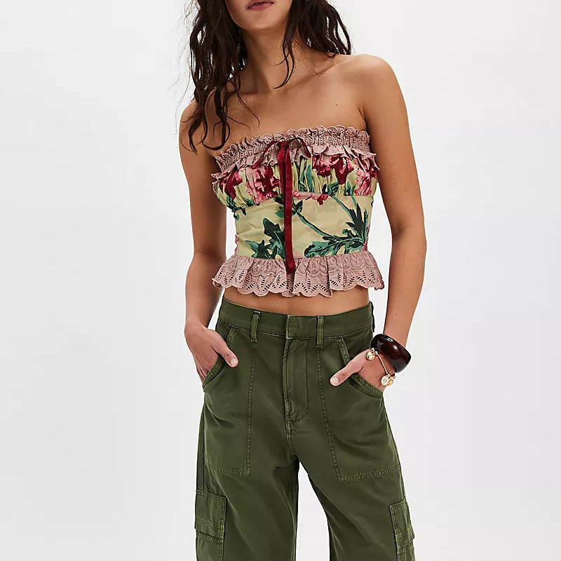 Aiertu  Vintage Printed Ruffles Tube Top Women Sexy Sleeveless Slim Print Lace Bow Patchwork Cropped Tops Lady Summer Chic Streetwear Aiertu