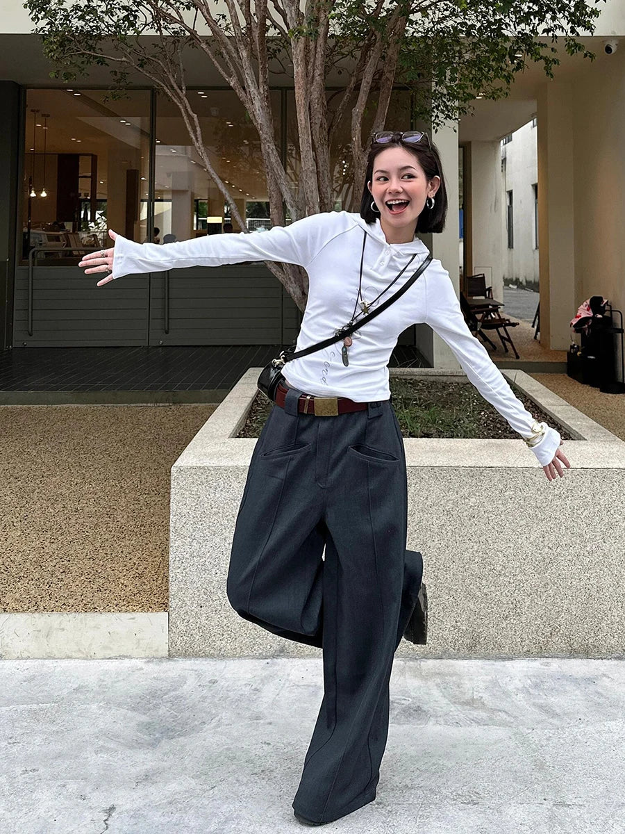 Aiertu  -  Business Women Pintuck High Rise Suit Pants Casual Straight Wide Leg Gray Solid Draped Long Trousers OL Female Clothes Aiertu