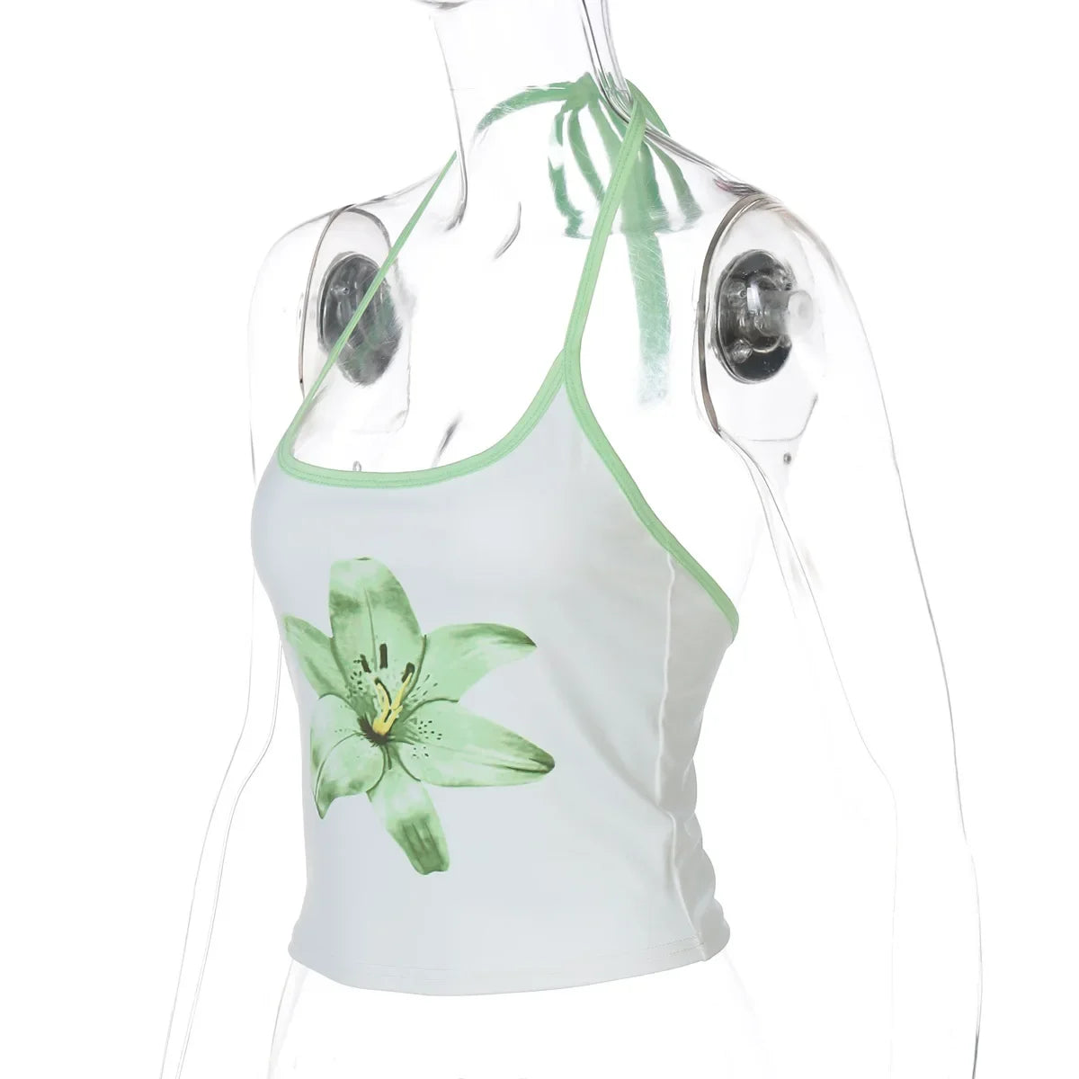 Aiertu  -  Woman Clothes Halter Off Shoulder Camisoles Y2K Girls Clothes Green White Patchwork Floral Print Corset Lace-up Skinny Crop Tops Aiertu
