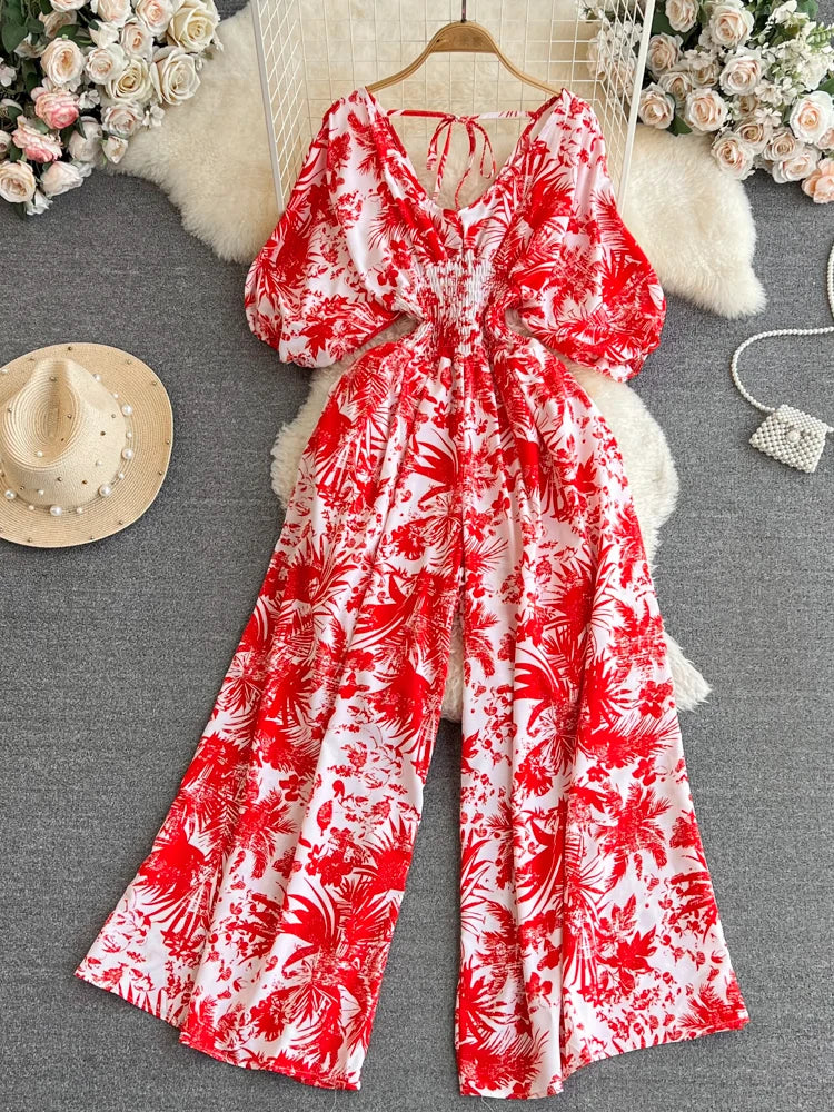 Aiertu Summer Women Sexy V-Neck Puff Sleeve Printed Romper Female Black/Red/Blue/Yellow Wide Leg Jumpsuits Vacation Beach New Fashion Aiertu