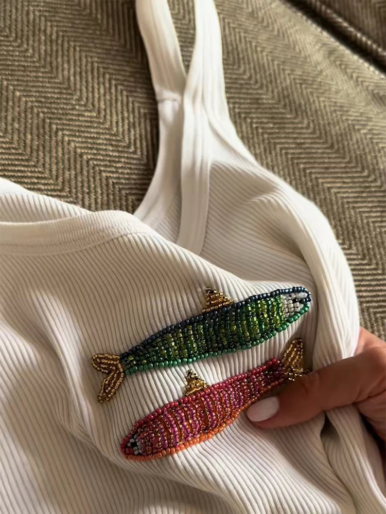 Aiertu  -  Beaded Embroidery Halter T-Shirt Top Sequins Elastic Slim Fit Pleated Waistcoat Suspender Casual Fashion Women Tank Slip Blouse Aiertu