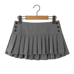Aiertu  -  party look snspos Y2K Grey Striped Print Side 3 Buttons Pleated Mini Skirt Sexy Low Waist Short Skater Skirts Aiertu