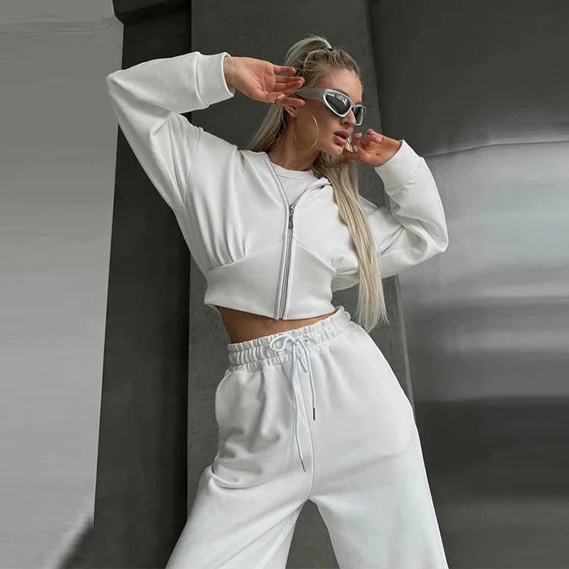 Aiertu  -  Casual Solid Hoodies Pants Set Women Long Sleeve Zipper Short Sweatshirt Loose Drawstring Trouser 2026 Autumn New Lady Tracksuit Aiertu