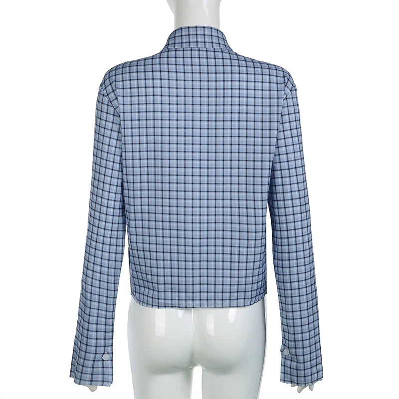 Aiertu  -  Casual Plaid Blouses Polo Neck Full Sleeve Women Shirts Urban Elegant Blouses Single Breasted Crop Top Autumn Bottoming Aiertu