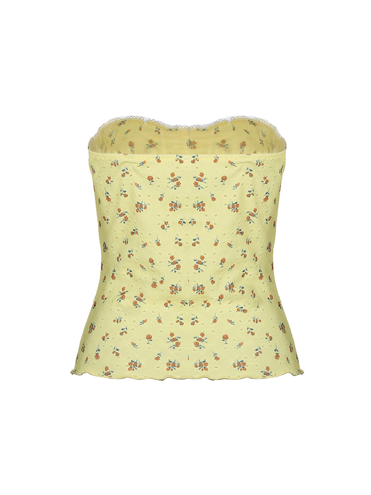 Aiertu - summer inspo Yellow Floral Print Sleeveless Strapless Slim Cute Y2K Tube Top Women Lace Trim Shirring 2000sSummer Holiday Clothing Aiertu