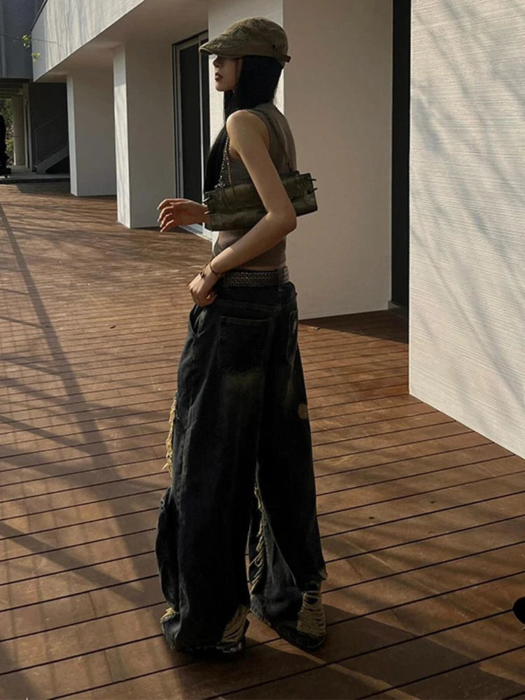 Aiertu  -  Women's Tassel Big Pocket Design Wide-leg Jeans Cool Girl High Waisted Fashion Loose Pants Female Straight Retro Denim Trousers Aiertu
