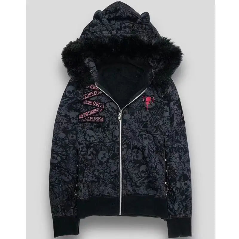 Aiertu  -  Goth Skull Print Y2k Hoodies Jackets Women Vintage Harajuku Coat Aesthetic Grunge Fur Patchwork Hooded Jacket Fairy Zipper Coat Aiertu
