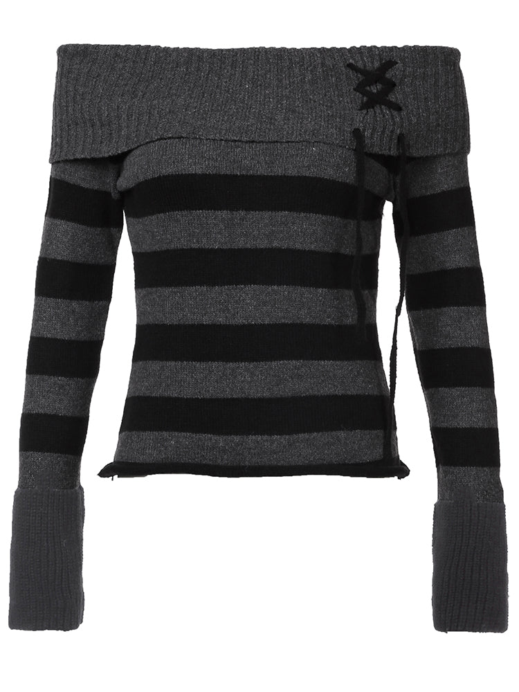 Aiertu - summer inspo Off Shoulder Slim Knitted Stripe Jumper Women Lace-Up Slash Neck Long Sleeve Sweater Tee Korean Fashion Street Knittwear Aiertu