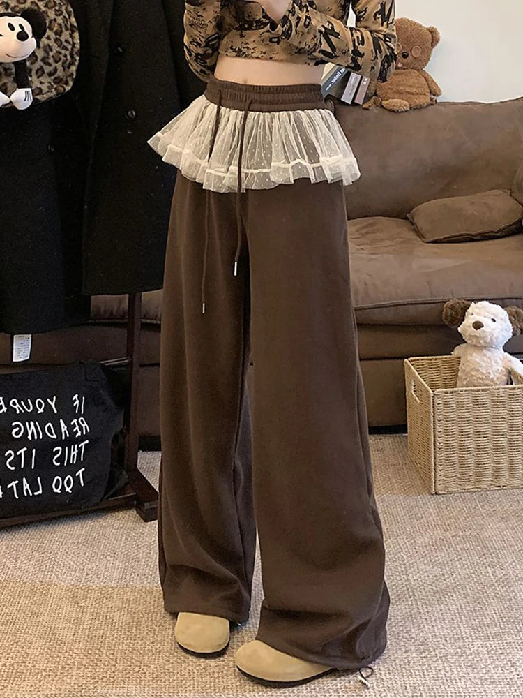 Aiertu  Lace Patchwork Sweet Pants Women Korean Fashion High Waist Loose Trousers Casual Design Lady Lace Up Spring Wide Leg Pants Aiertu