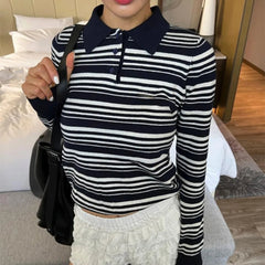 Aiertu  -  Commuter Pullover Korea Turn-down Collar Ropa Mujer Stripe Vintage Commuter Elegant Tshirt Slim Knit All-match Y2K Shirt Aiertu