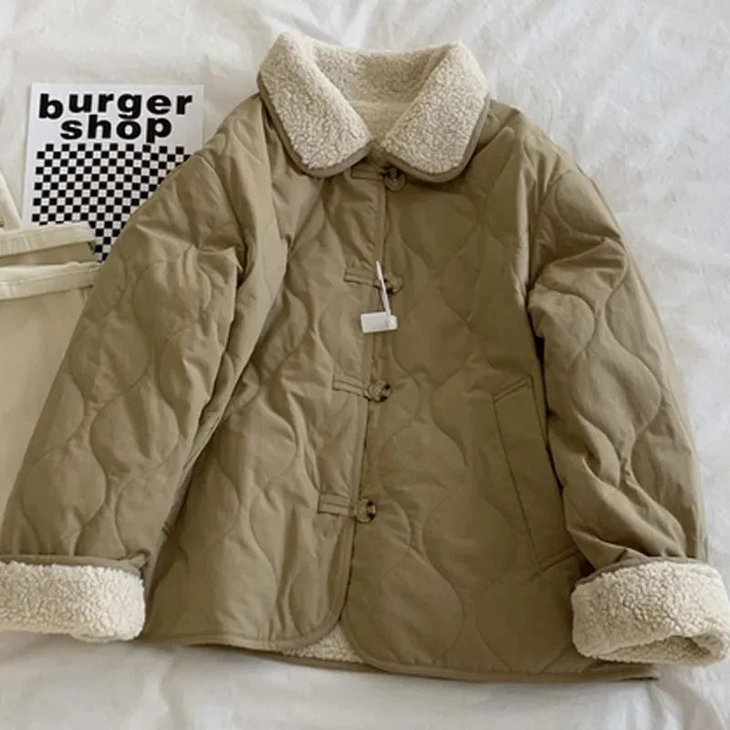 Aiertu  -  party look snspos Khaki Color Two Faced Lamb Cashmere Cotton Jacket Popular for Women in Autumn Winter Small Stature New Loose Popular Style Aiertu