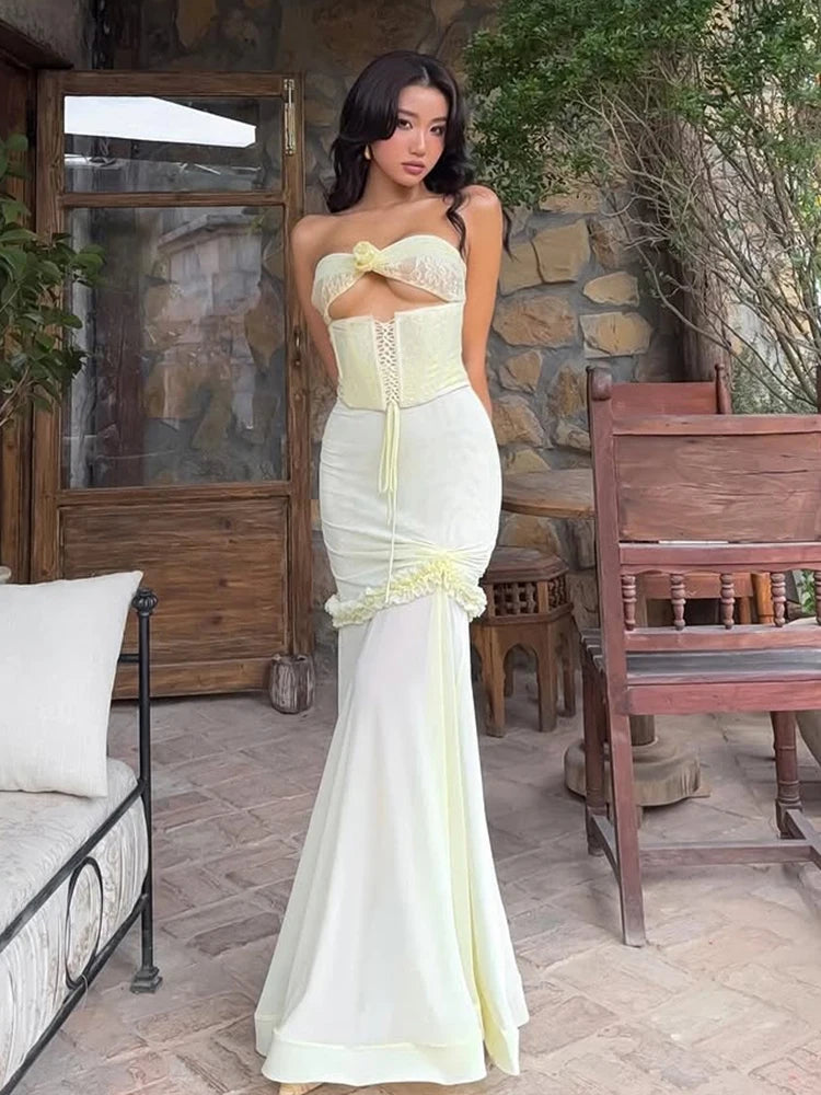 Aiertu  -  Hollow Sexy Patchwork Mesh Fishtail Dress Women Ruffles Bandage Elegant Temperament Vacation Birthday Party Vestidos Aiertu