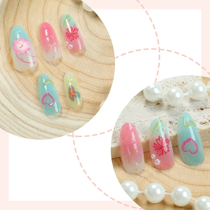 Aiertu  -  24PCS Summer Colorful Almond False Nail with 3D Flower Beach Paintings Press on Fake Nail Full Cover Wearable Manicure for Women Aiertu