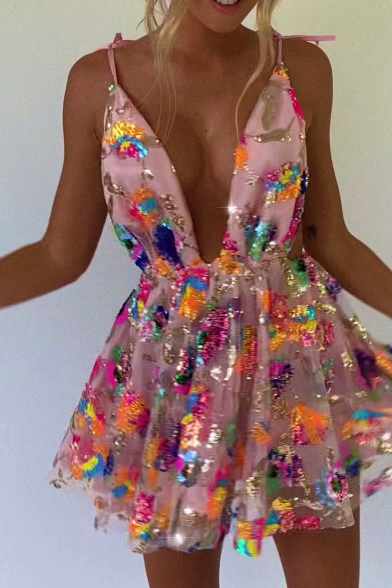 Aiertu  Rainbow Sequin Open Back Slip Mini Dress Aiertu