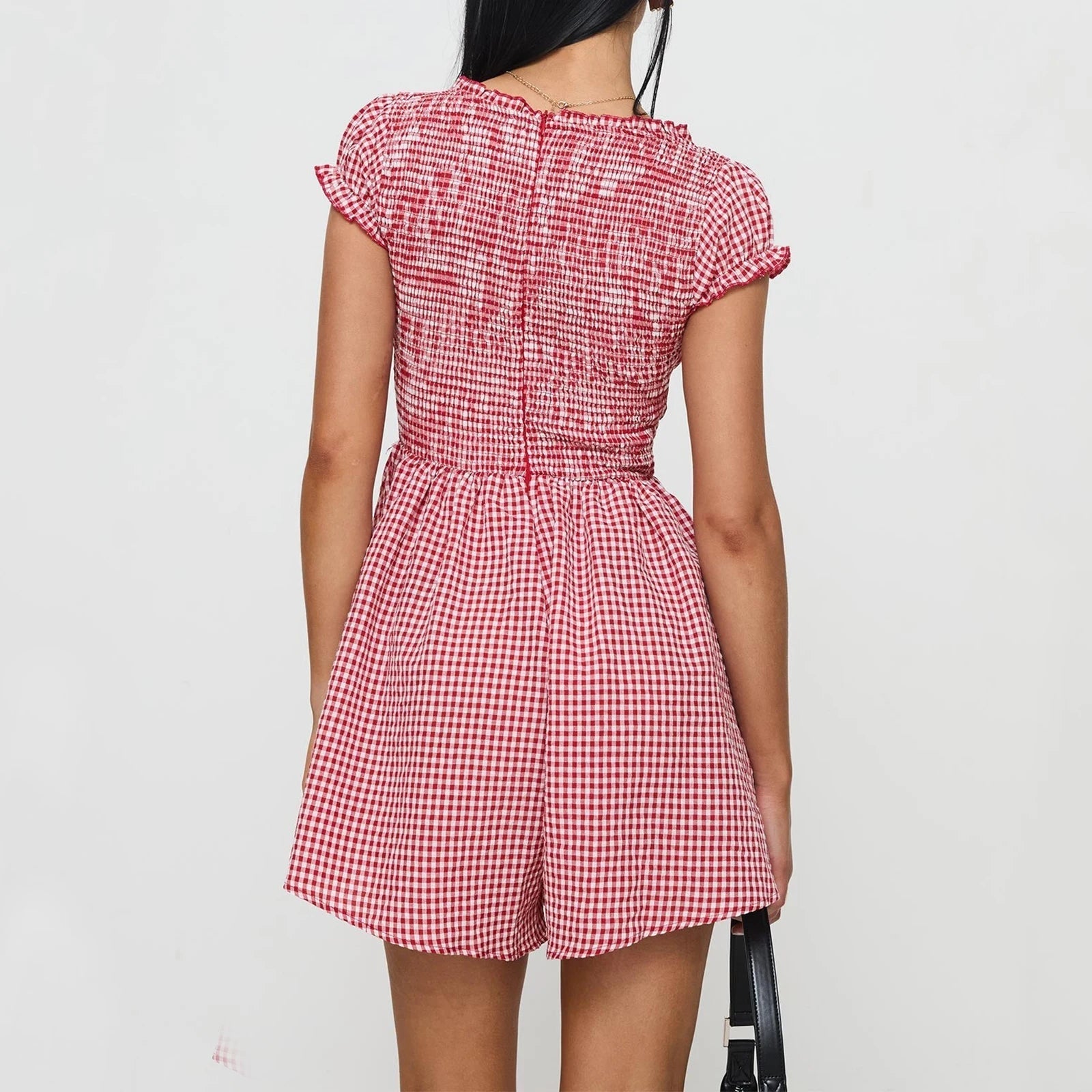 Aiertu  -  Women Y2k Gingham Playsuit Short Sleeve Smocked Babydoll Bodysuit Rompers Flowy A-Line Club Dress Retro Streetwear Aiertu