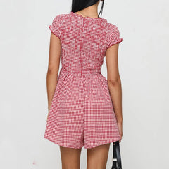 Aiertu  -  Women Y2k Gingham Playsuit Short Sleeve Smocked Babydoll Bodysuit Rompers Flowy A-Line Club Dress Retro Streetwear Aiertu