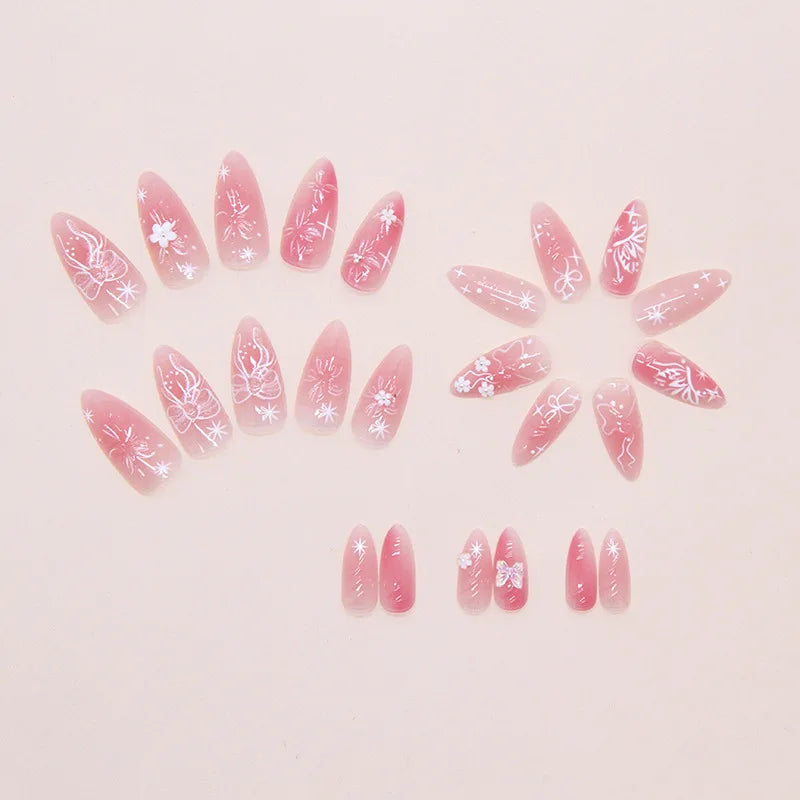 Aiertu  -  24PCS Sweet Pink Blush Wearable Press on Nail 3D Flowers Butterfly Decorations Fake Nail for Loving Girls Almond False Nail Tips Aiertu