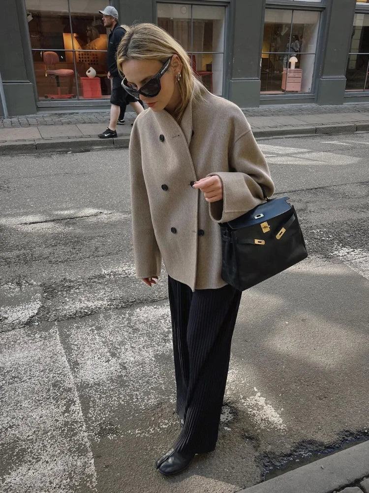Aiertu  -  Elegant Warm Solid Woolen Cropped Coat Women Chic Stand Collar Double Breasted Long Sleeves Jacket Autumn Lady Commute Outercoat Aiertu